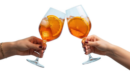 Two people toasting aperol spritz cocktails with orange slices and ice in clear glasses isolated on transparent background