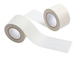 Two rolls of white athletic tape, one partially unrolled, showing a textured fabric surface designed for sports and physical support.