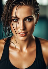 Intense workout sweat drenched woman with determined eyes and wet hair