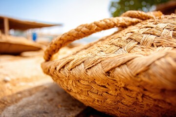 Close-up of a woven straw basket with rope handles
