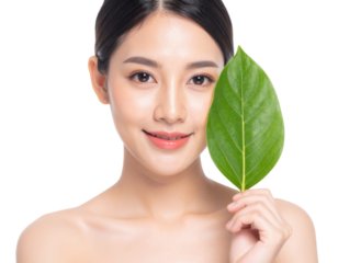 A young woman with smooth skin holds a vibrant green leaf near her face, smiling gently.