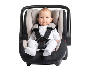 A baby dressed in white sits securely strapped in a black and gray car seat, looking directly at the camera.