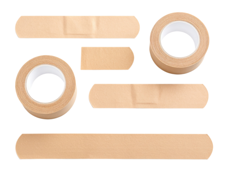 Various adhesive medical tapes and bandages in skin tone color are displayed in different shapes and sizes.