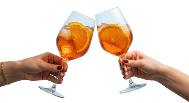 Two people toasting aperol spritz cocktails with orange slices and ice in clear glasses isolated on transparent background