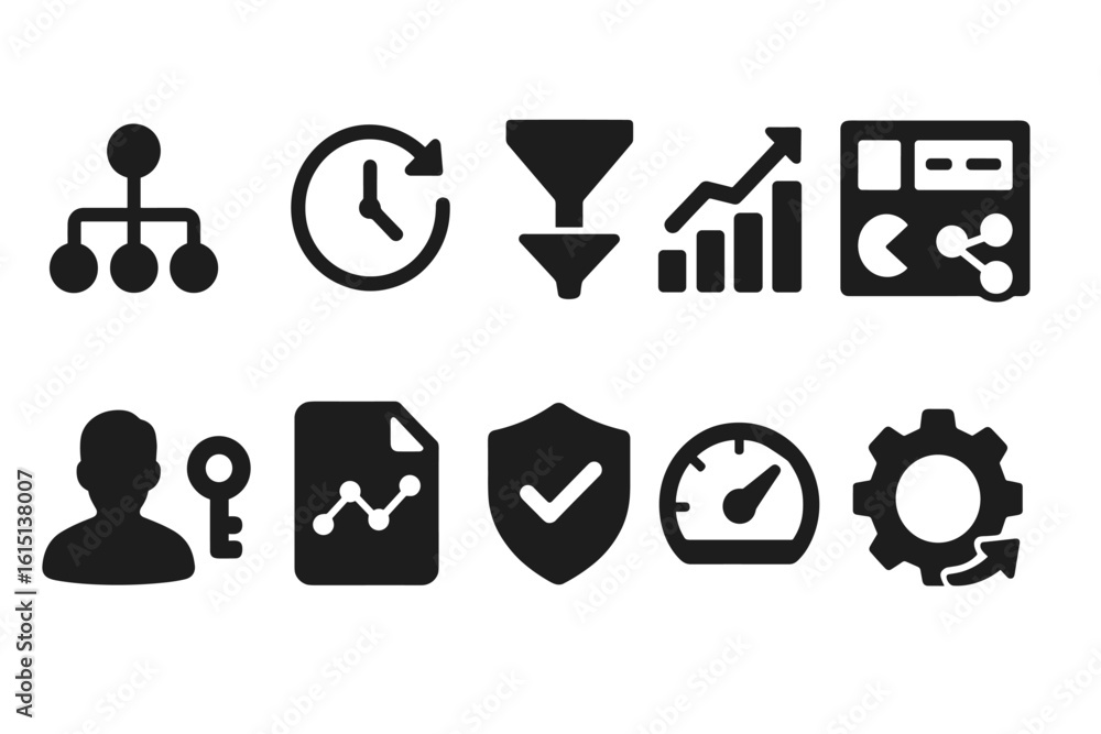 Poster business and analytics solid icon set. data, workflow, dashboard icons solid style