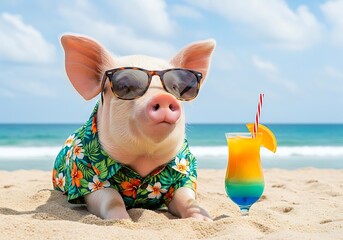 Adorable pig wearing sunglasses and hawaiian shirt enjoys a tropical drink on a sandy beach