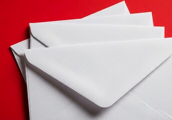 A stack of crisp white envelopes arranged artfully on a vibrant red background