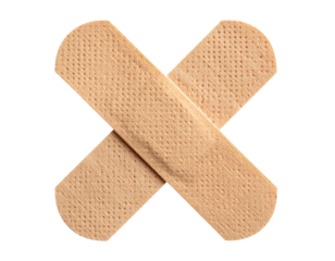 Two beige adhesive bandages crossed over each other forming an "X" shape.