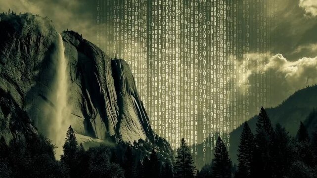 Waterfall flowing from mountain with digital binary code overlay in forest landscape under cloudy sky blending nature technology in surreal futuristic scene