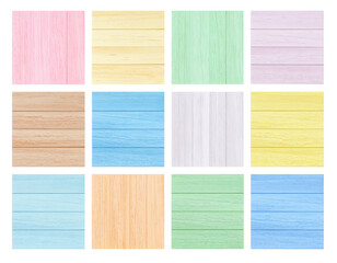 Twelve pastel-colored wooden panels arranged in a grid, each with a distinct light color and horizontal or vertical wood grain texture.