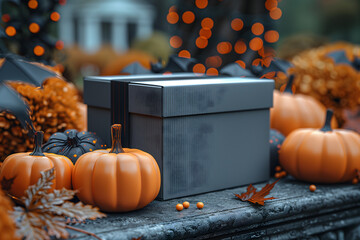 Elegant autumn present wrapped in gray paper surrounded by fallen leaves