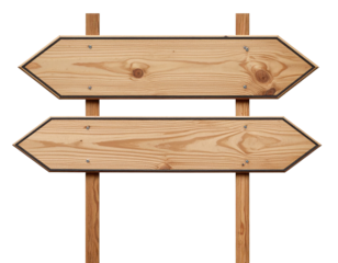 Two blank wooden directional arrow signs mounted on wooden posts, pointing opposite directions.