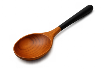 Wooden spoon with black handle lying on a transparent background, perfect for cooking and kitchen concepts