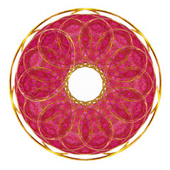 Abstract fractal graphic design element. On a white background there is a crimson circle with an elegant repeating gold pattern. 3D rendering. 3D illustration.
