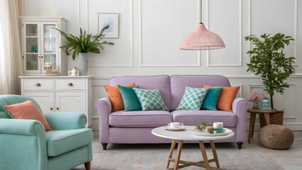Cozy Living Room with Lilac Sofa, Teal Armchair, and Harmonious Interior Design Scheme