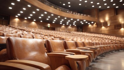Empty auditorium with rows of brown leather chairs curving towards the stage