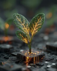A stylized image of a plant growing from a circuit board, symbolizing organic growth through AI Corporate and Business AI Future Tech and Innovation Digital Lifestyle and Connectivity