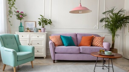 Charming Living Room with Lilac Sofa, Teal Armchair, and Eclectic Decor Accents