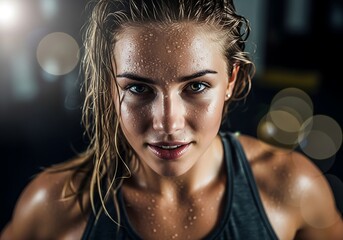 Determined woman sweating profusely during intense workout session