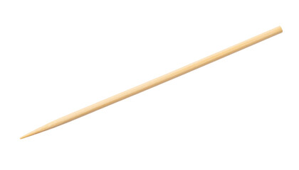 A single wooden toothpick with a pointed end, designed for dental hygiene or small food handling.
