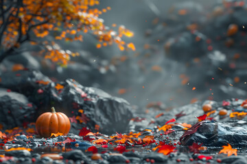Solitary pumpkin nestled among vibrant autumn leaves on rocky terrain