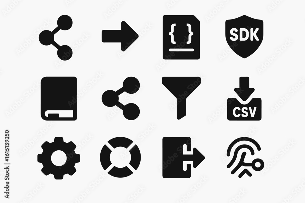 Poster software, web development solid icon set. code, interface, data management symbols