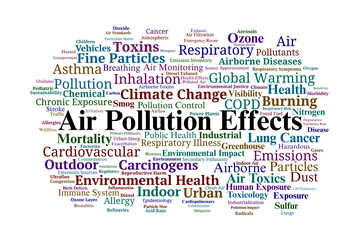 Air Pollution Effects Word Cloud. Health and Environmental Impacts of Contaminated Air