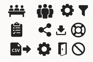 Business and office silhouette icon set. essential work symbols in silhouette style