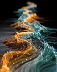 A vibrant, flowing river of data transforming into a solid, stable structure, future foundations Corporate and Business AI Future Tech and Innovation Digital Lifestyle and Connectivity