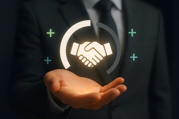 Hand Holding Glowing Handshake Icon Symbolizing Partnership Agreement and Business Success
