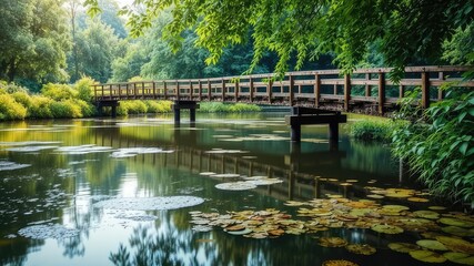 Fototapeta premium Peaceful Wooden Bridge Across Serene Pond