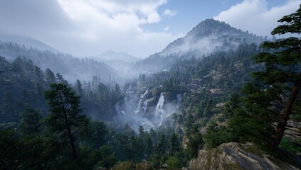 Cascading waterfalls rush through a dense, green valley nestled between towering, cloud-kissed mountains. Fog drifts amidst evergreen trees in this tranquil, natural scene