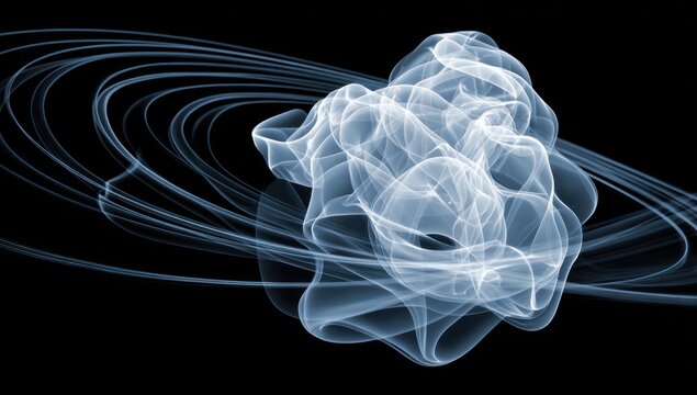 Ethereal swirl of light-blue smoke-like tendrils against a stark black background. Circular lines give it movement and depth, resembling a digital cloud or wispy explosion