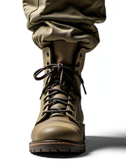 Stylish Combat Boots: A detailed shot of sturdy, olive-green combat boots, the focus is drawn to their robust design, laces and stitching. Showing style and comfort.