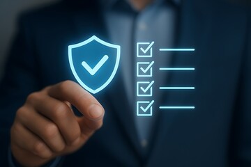 Cybersecurity Compliance Man Interacting with Digital Shield and Checklist Interface