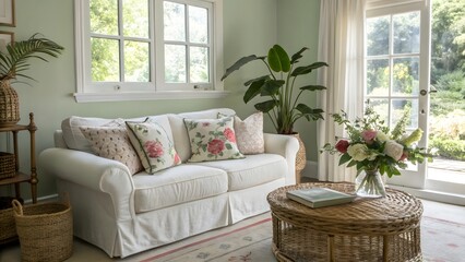Elegant Living Room with White Sofa, Floral Pillows, and Lush Greenery Near Window and Door