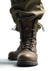 Military Boots: A close-up perspective of rugged military boots, showcasing their robust design and durable construction, evoking a sense of strength and readiness.