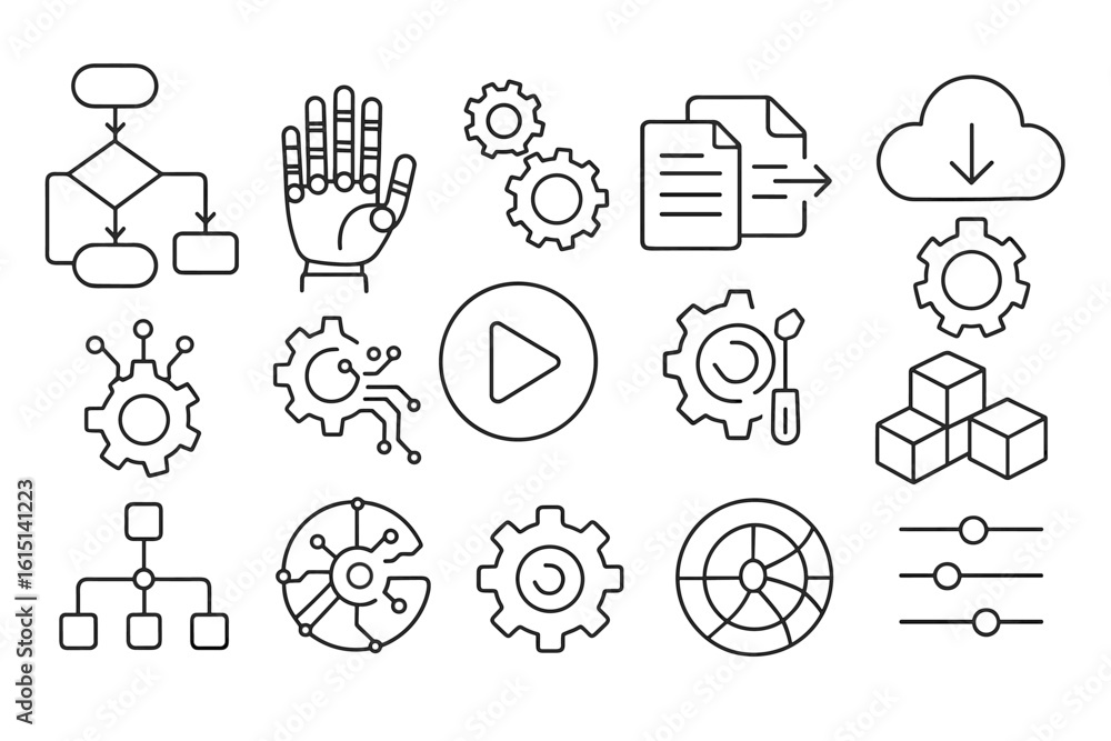 Poster technology and engineering outline icon set. process, automation line icons collection