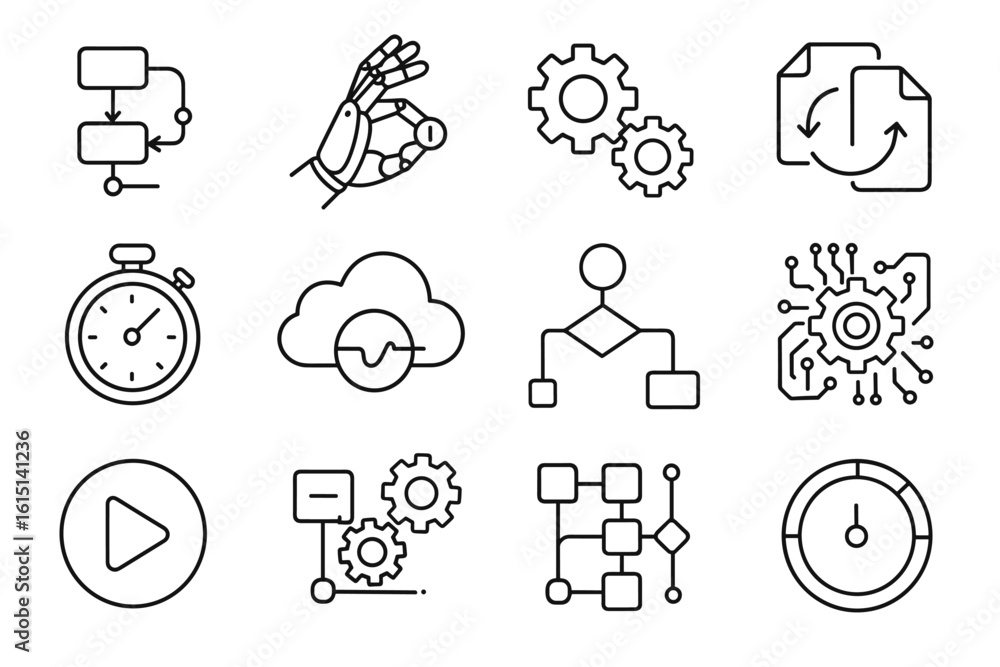 Poster technology and robotics line icon set. automation, ai, engineering outline collection