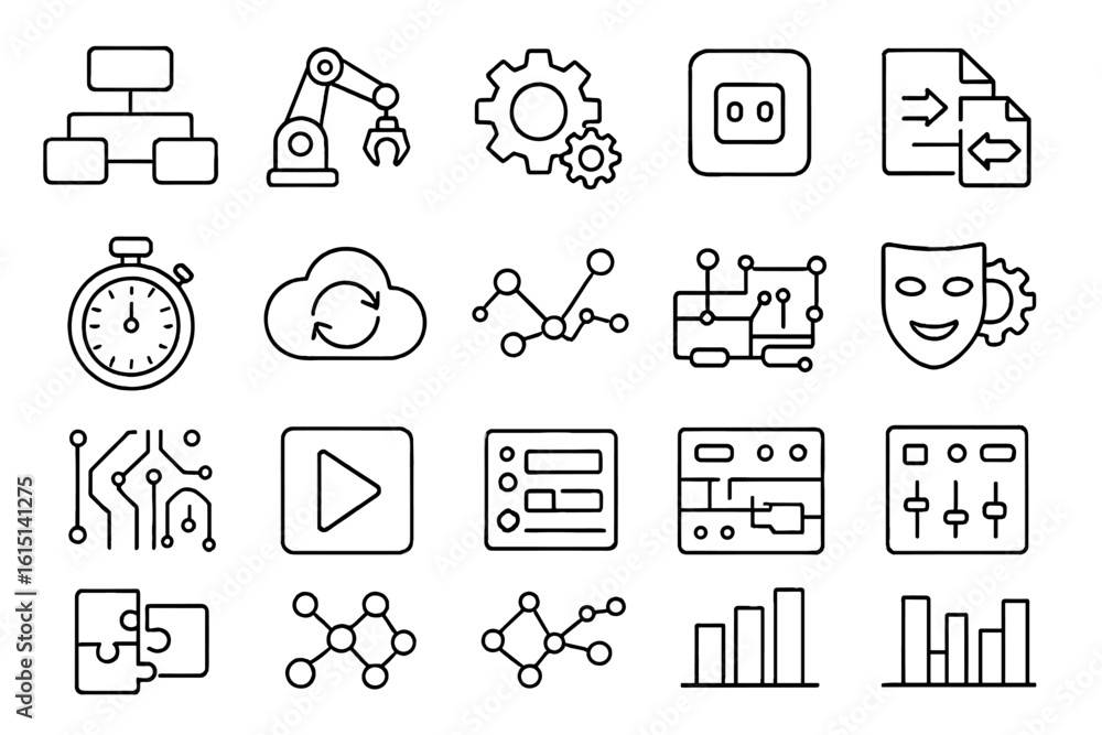 Poster technology and data line icon set. cloud computing, charts, ai linear collection