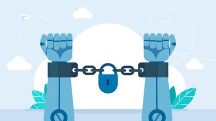 Ai Robot in handcuffs. The robot's hands are shackled with a closed lock. Crimes of artificial intelligence. Ethical use of AI. Vector illustration.