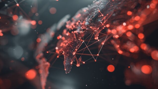 Digital world map formed by red dots connected by lines on a dark background, with blurred red orbs floating in the foreground and background