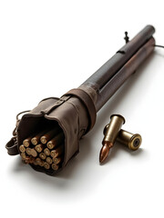 Vintage Rifle and Ammunition: An antique rifle rests beside a leather cartridge holder filled with vintage ammunition, presenting an intriguing snapshot of history and a bygone era.