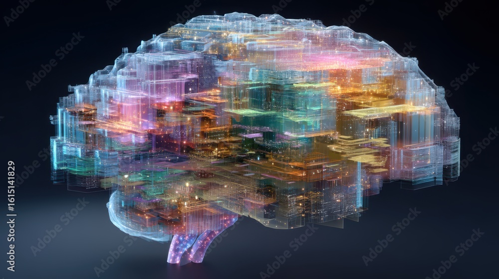 Poster autonomous ai agent visualizing main capabilities through learning and adaptation as a colorful digi