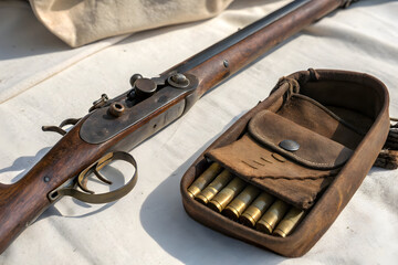 Vintage Firepower: An antique, double-barreled rifle lies alongside a weathered leather pouch filled with ammunition, embodying history and readiness.