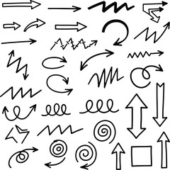 Hand-Drawn Doodle Arrows Collection: Straight, Curved, Zigzag, Swirl, Double-Headed, Up, Down, Left, Right - Diverse Directional and Navigation Pointers for Design, Education, and Infographics