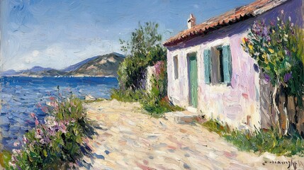 Naklejka premium Lavender Coastal House and Calm Sea under Sunny Sky
