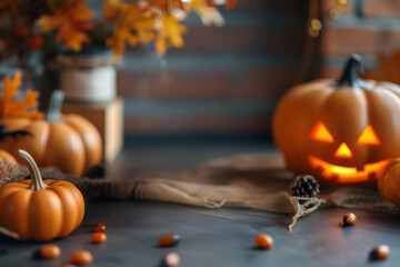 Cozy autumn halloween decoration with carved pumpkins and warm lighting