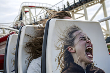 Rollercoaster Ride: Captured in a thrilling shot, a woman experiences the exhilarating rush of a rollercoaster ride, her expression a mix of exhilaration and thrill.