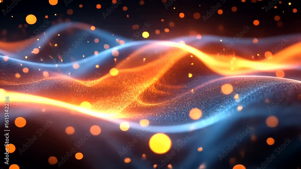 Poster abstract orange light wave and blue light flow background with bokeh effect